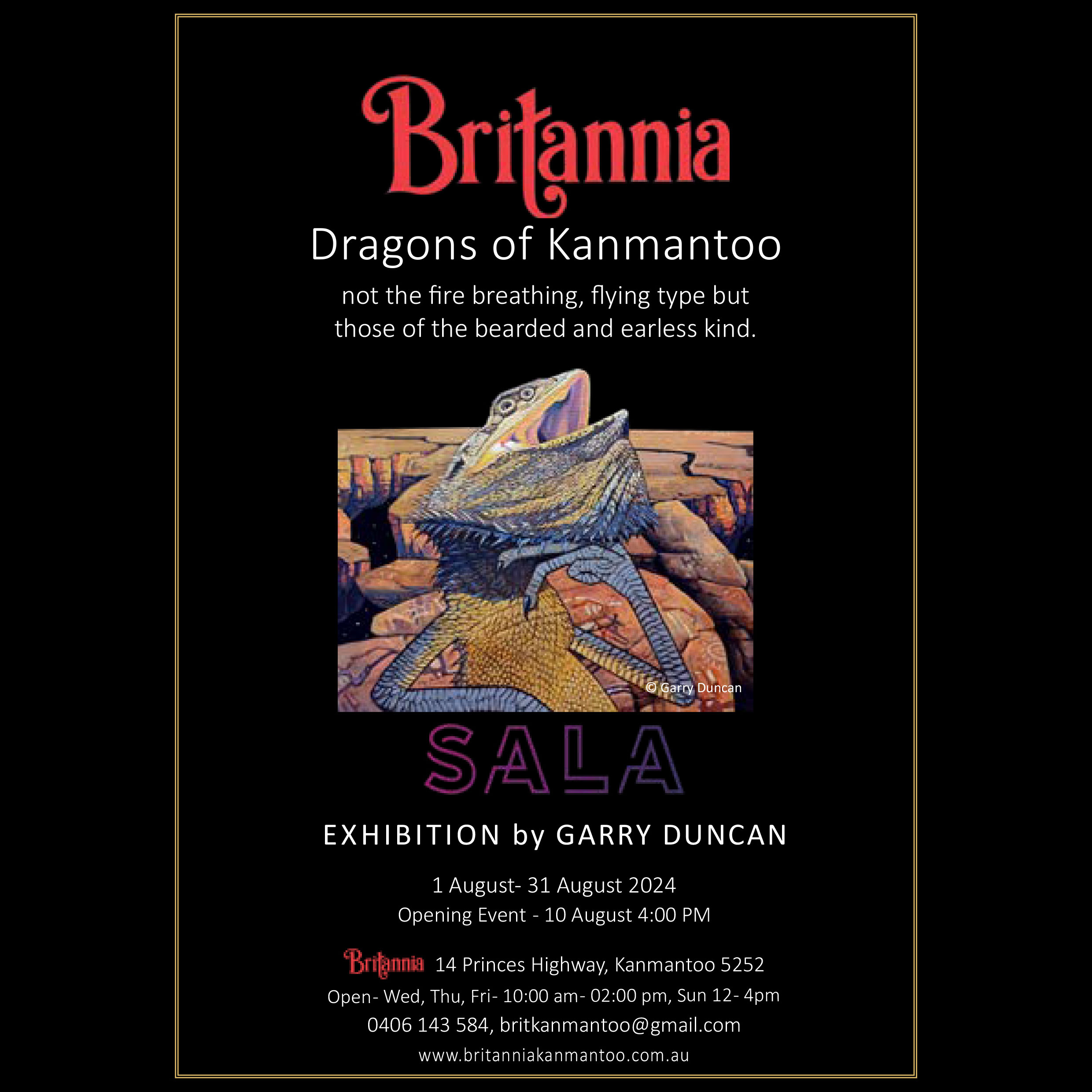 Dragons of Kanmantoo exhibition at the Britannia, 14 Princes Highway, Kanmantoo 5252